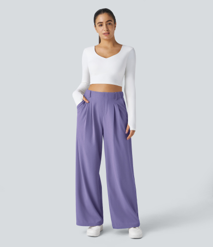 High Waisted Pocket Wide Leg Waffle Work Pants