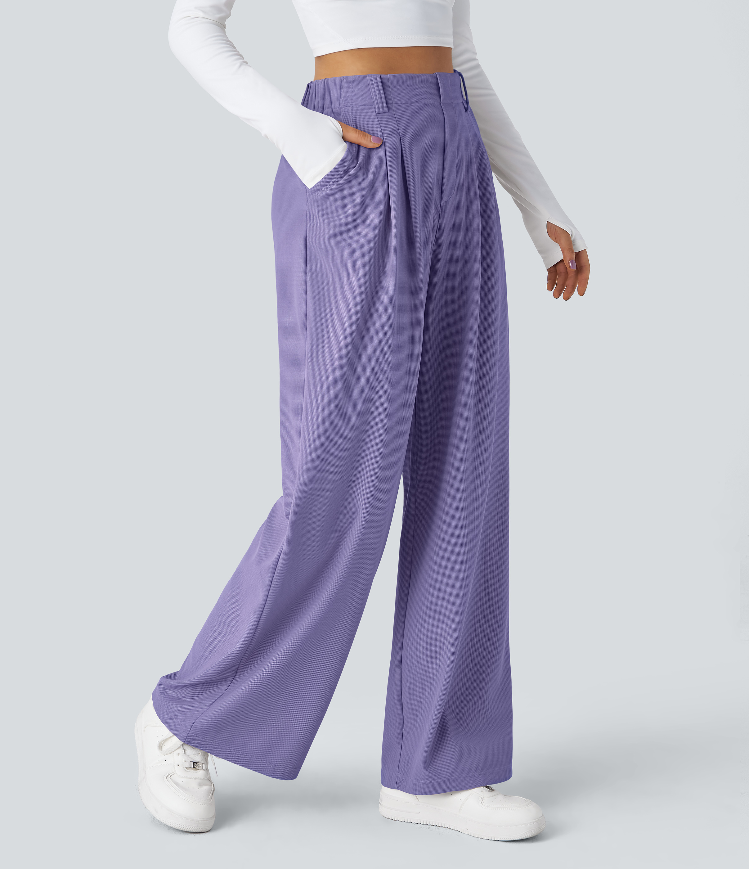 High Waisted Pocket Wide Leg Waffle Work Pants