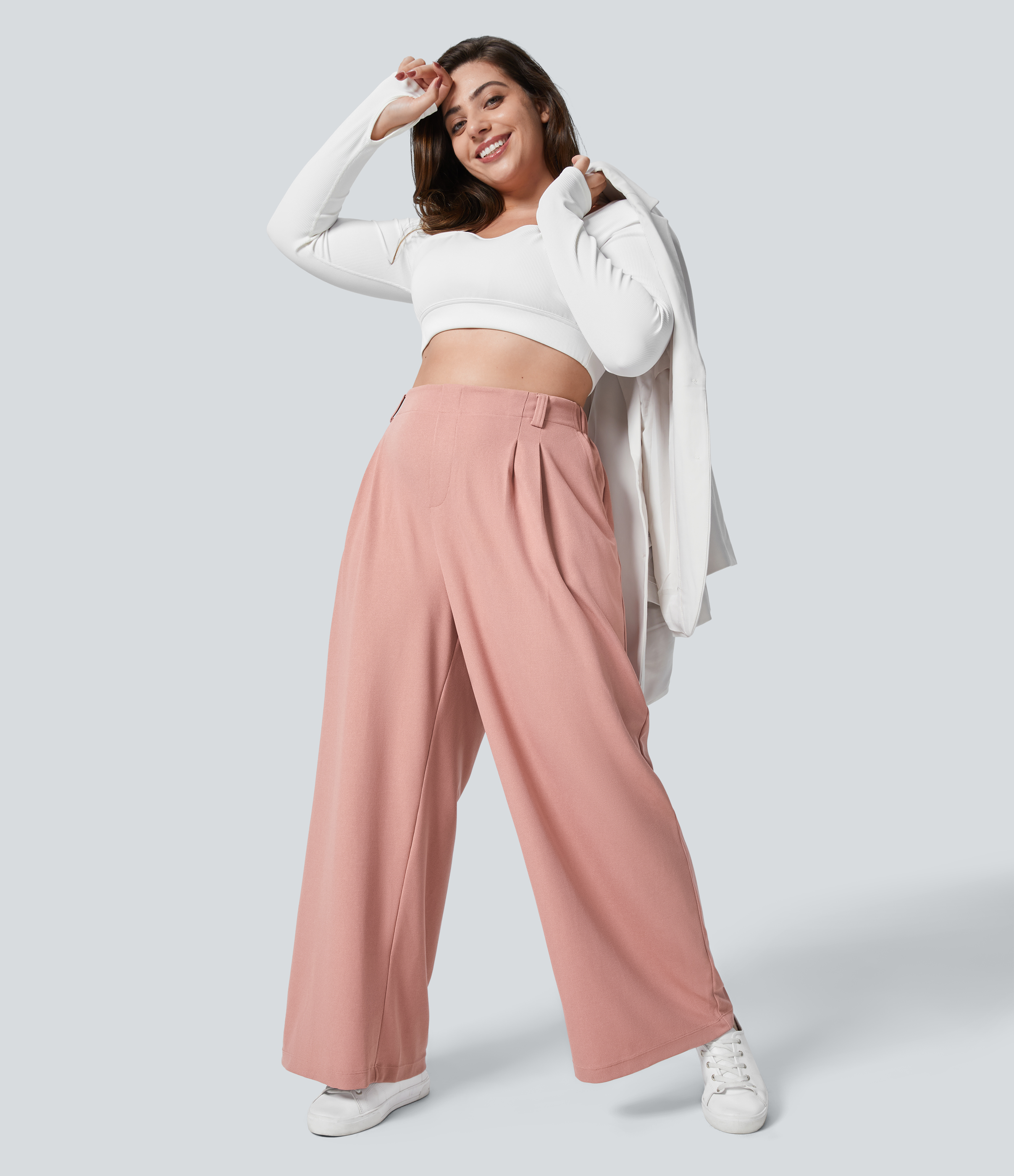 High Waisted Pocket Wide Leg Waffle Work Plus Size Pants