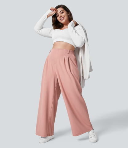 High Waisted Pocket Wide Leg Waffle Work Plus Size Pants