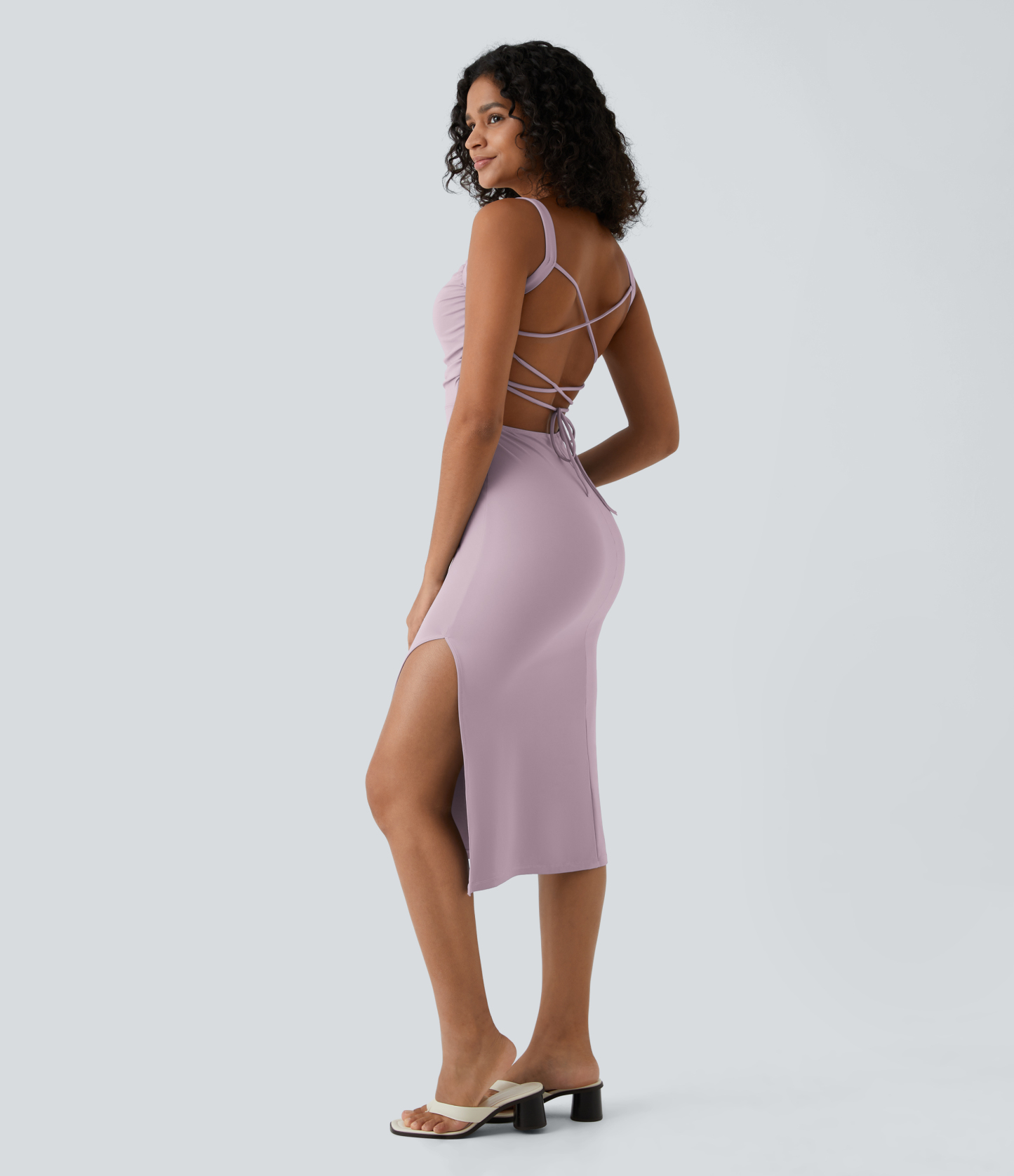 Ruched Lace Up Bodycon Midi Casual Dress