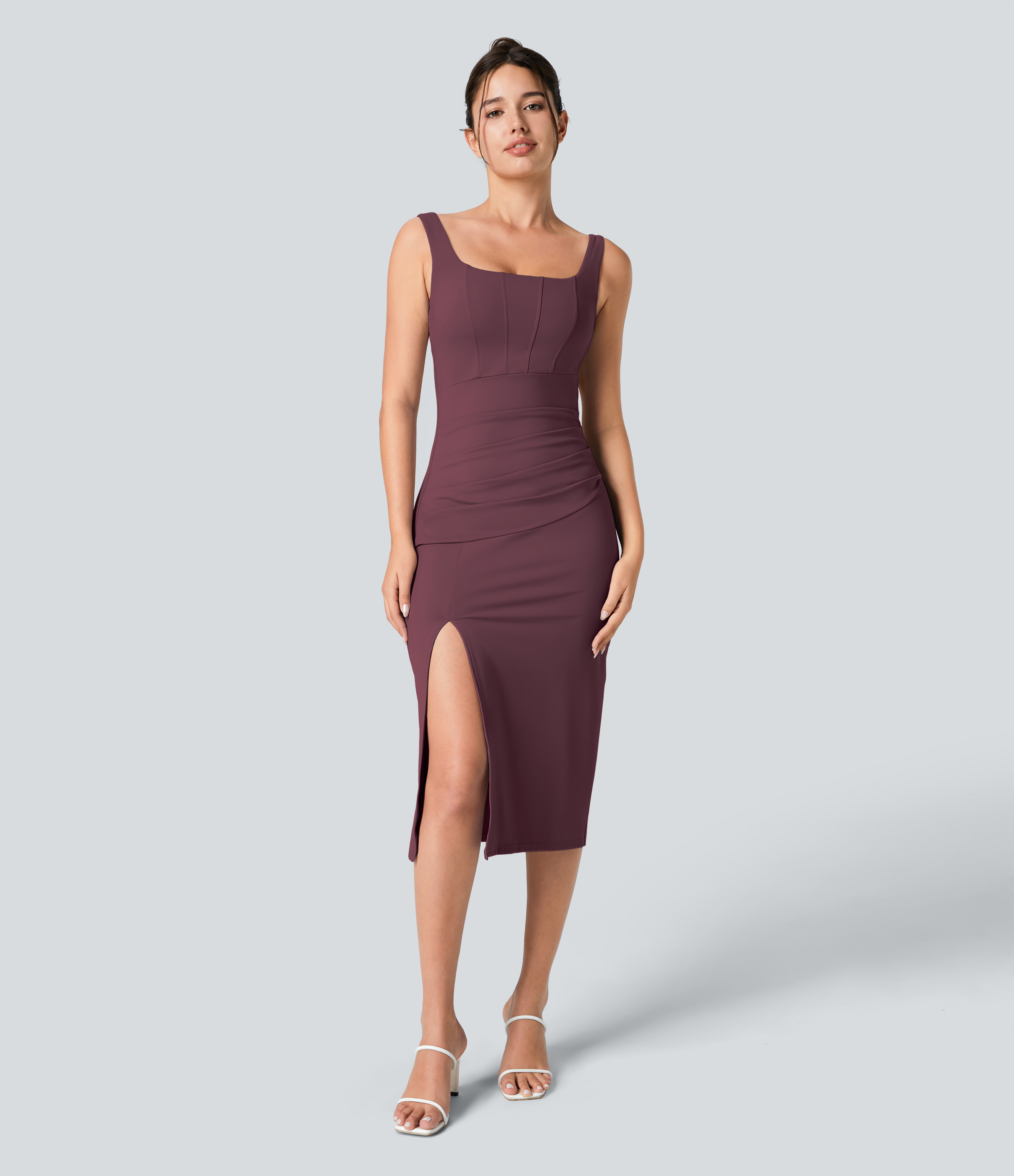 Airy Square Neck Backless Corset Ruched Split Bodycon Midi Cool Touch Bridesmaid and Wedding Guest Dress