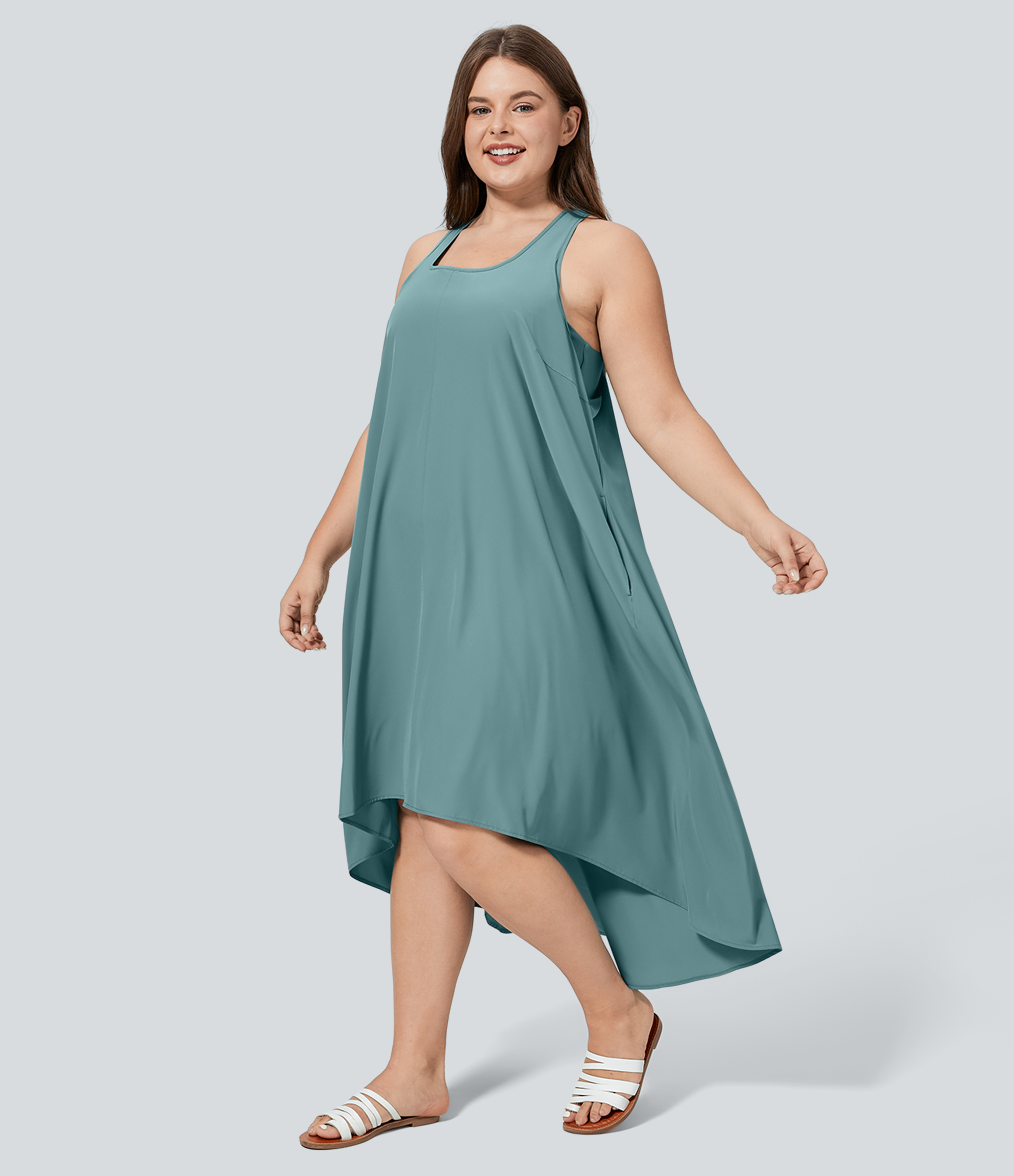RacerPocket High Low Flowy Midi Quick Dry Casual Plus Size Dress