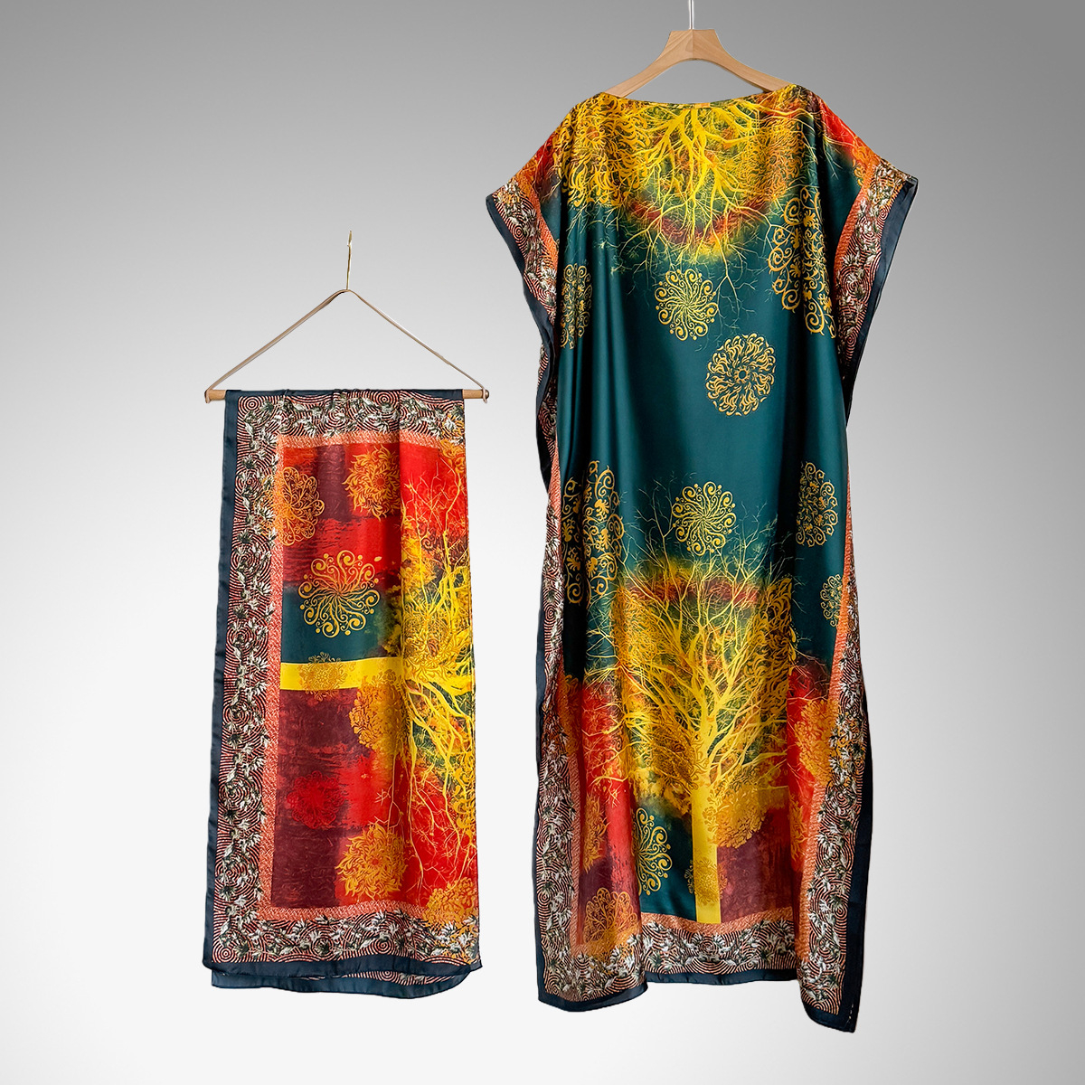 Women's Peacock Print Cape Shawl & Scarf Set, Elegant Beach Cover-Up For Holiday Vacation, Swimsuit Cover Up