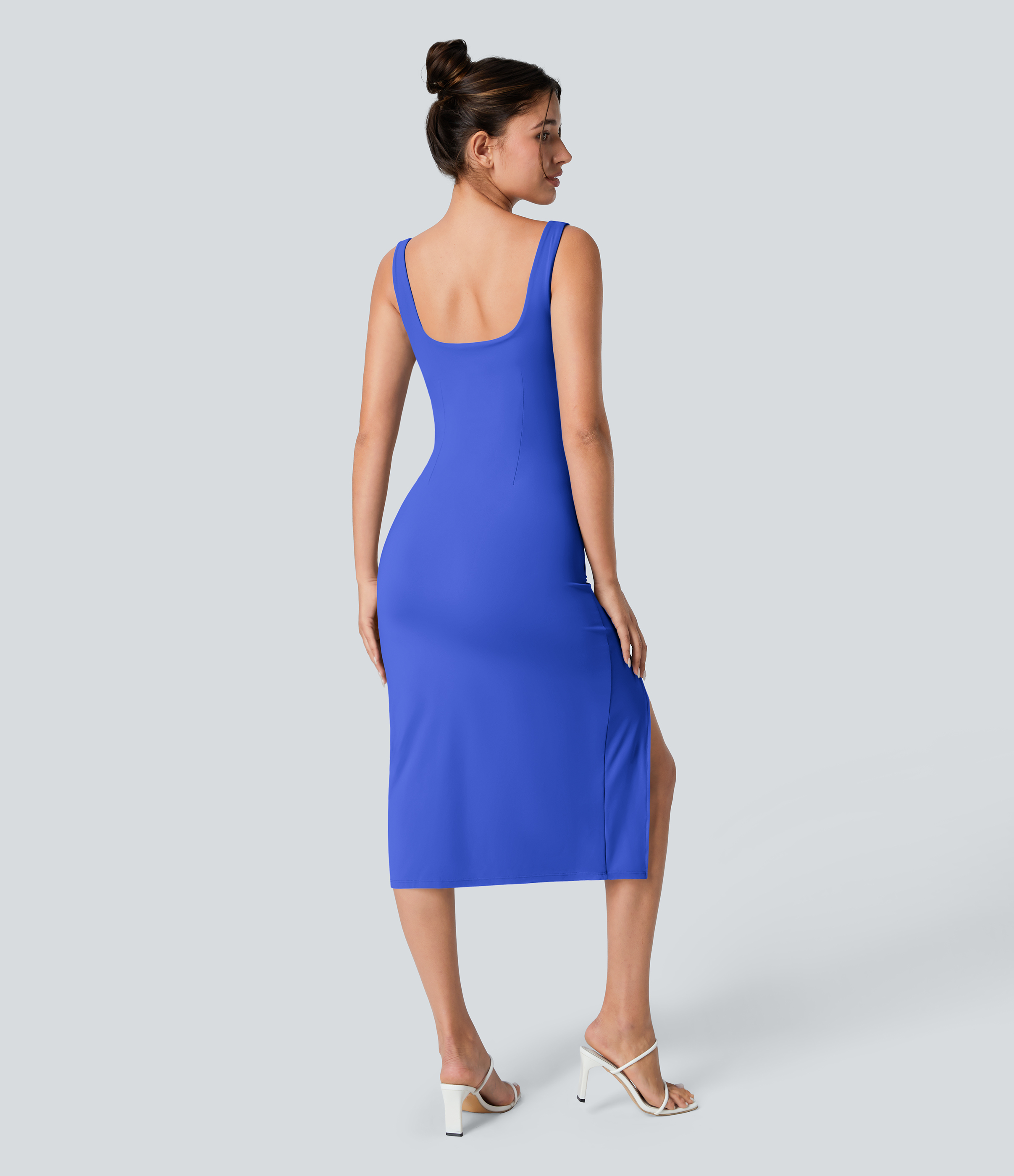 Airy Square Neck Backless Corset Ruched Split Bodycon Midi Cool Touch Bridesmaid and Wedding Guest Dress