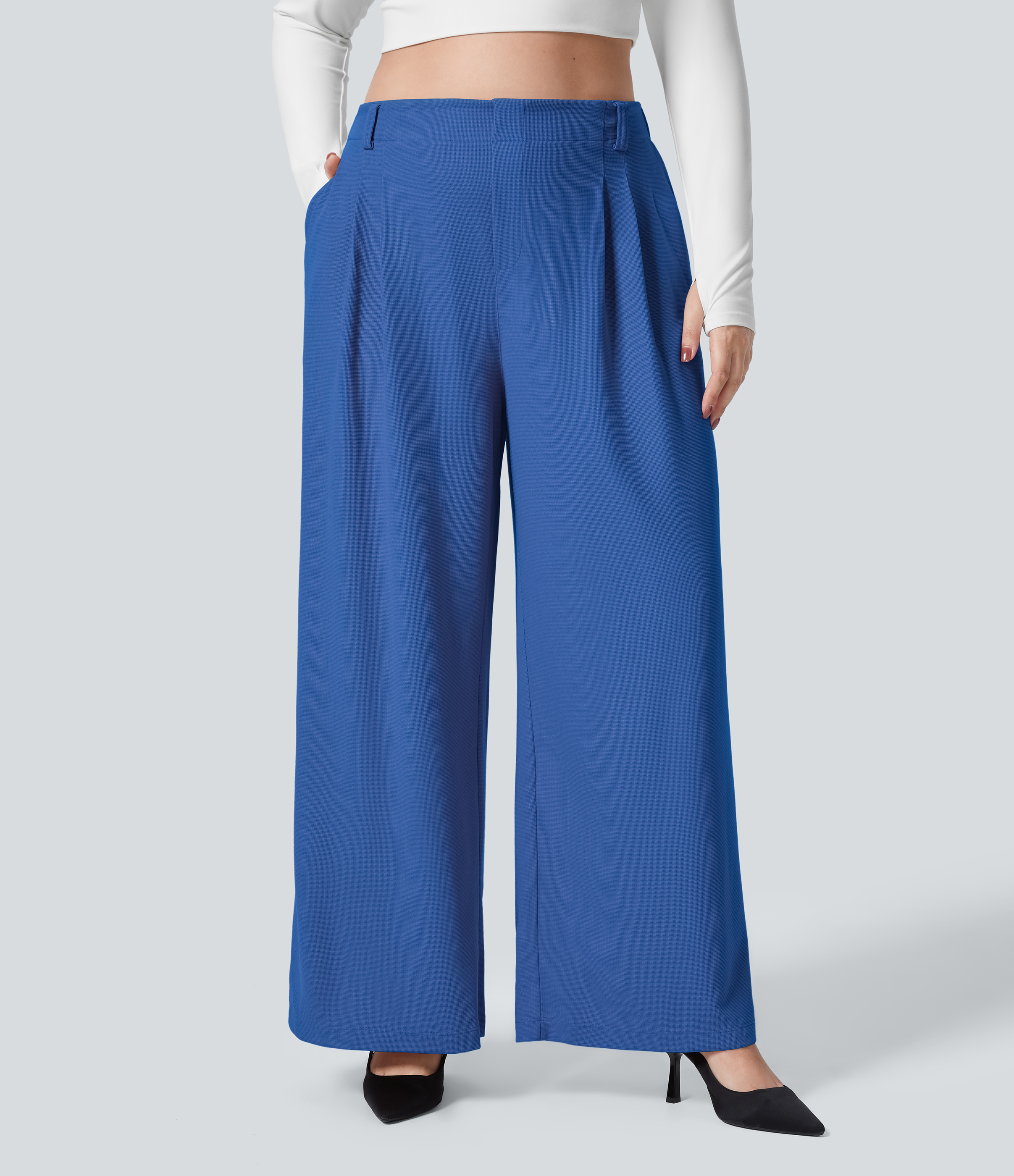High Waisted Pocket Wide Leg Waffle Work Plus Size Pants