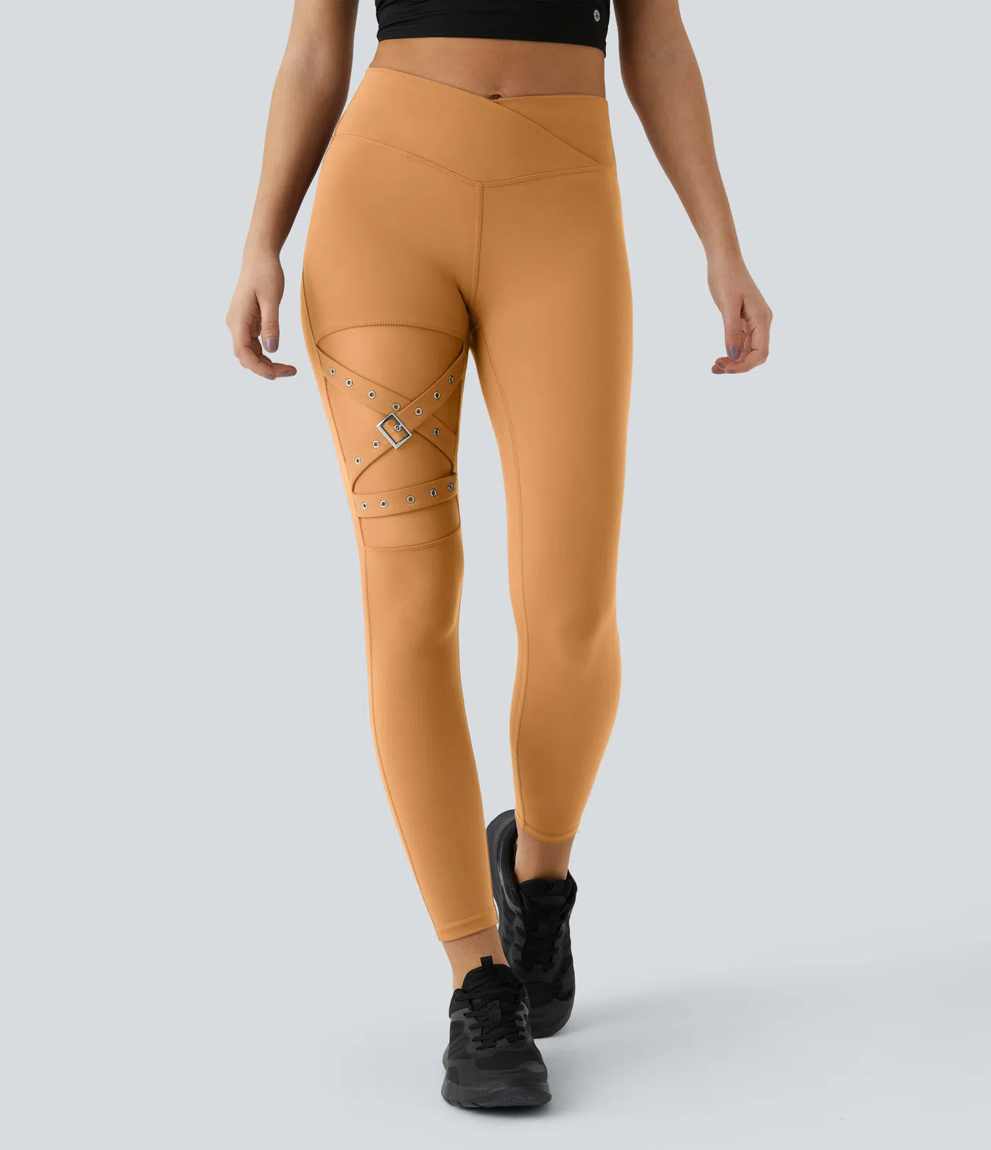 DayStretch High Waisted Crossover Contrast Mesh Decorative Buckle Yoga Leggings