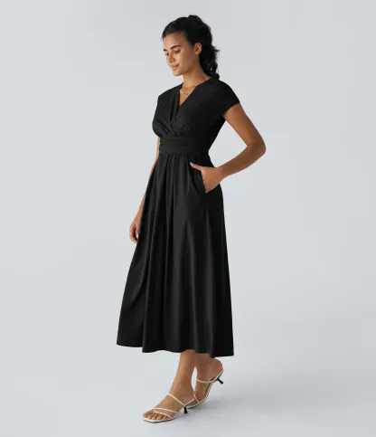 V-neck Short-sleeve Pocket Lace-up Back Quick-drying Mid-length Casual Dress-extended