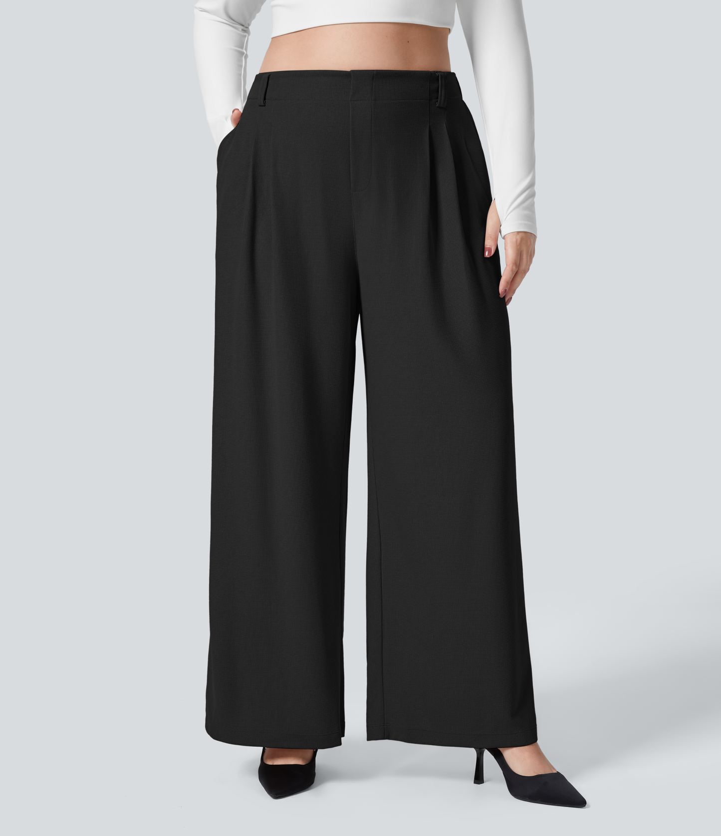 High Waisted Pocket Wide Leg Waffle Work Plus Size Pants
