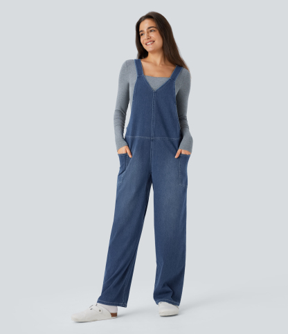 V Neck Pocket Washed Denim Casual Overalls