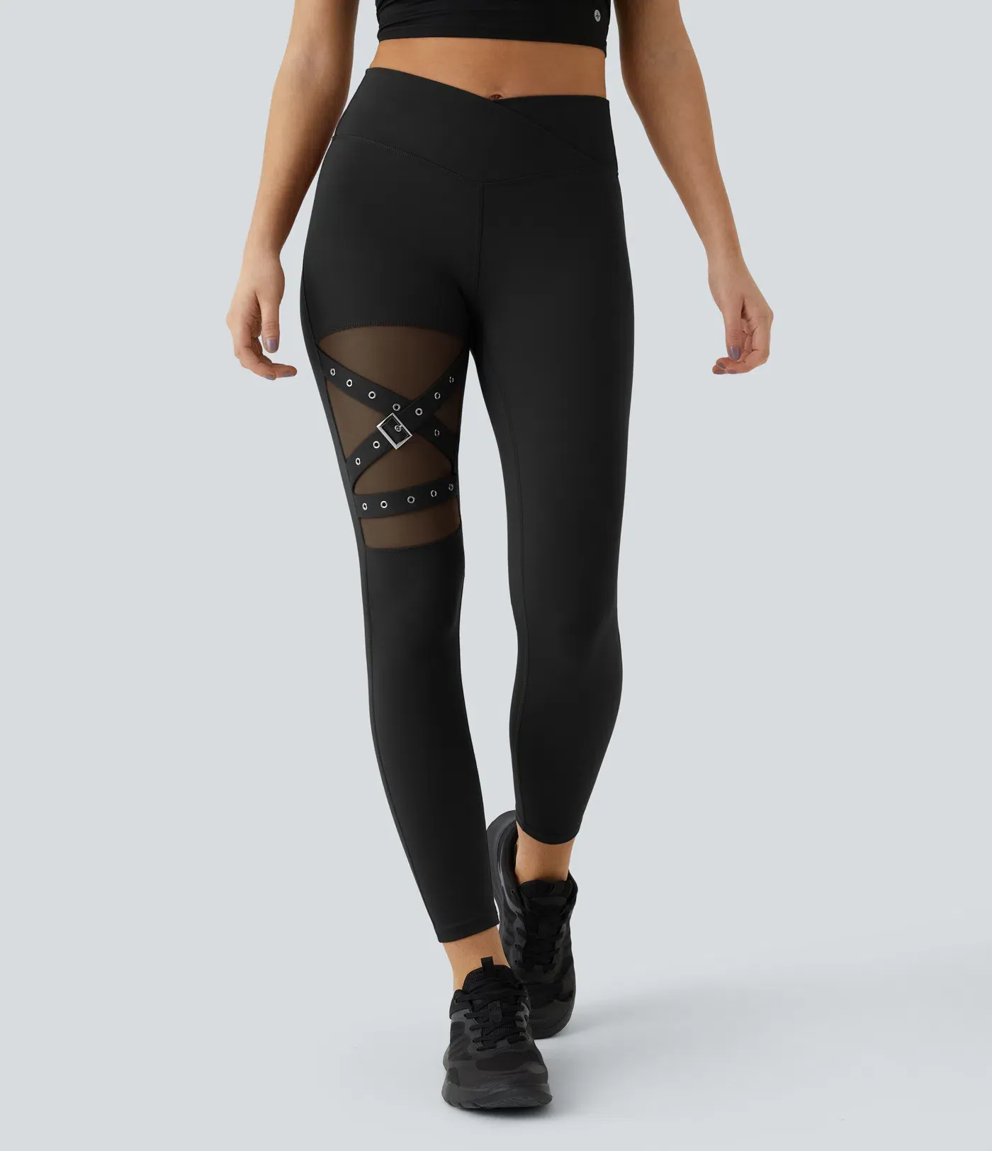 DayStretch High Waisted Crossover Contrast Mesh Decorative Buckle Yoga Leggings