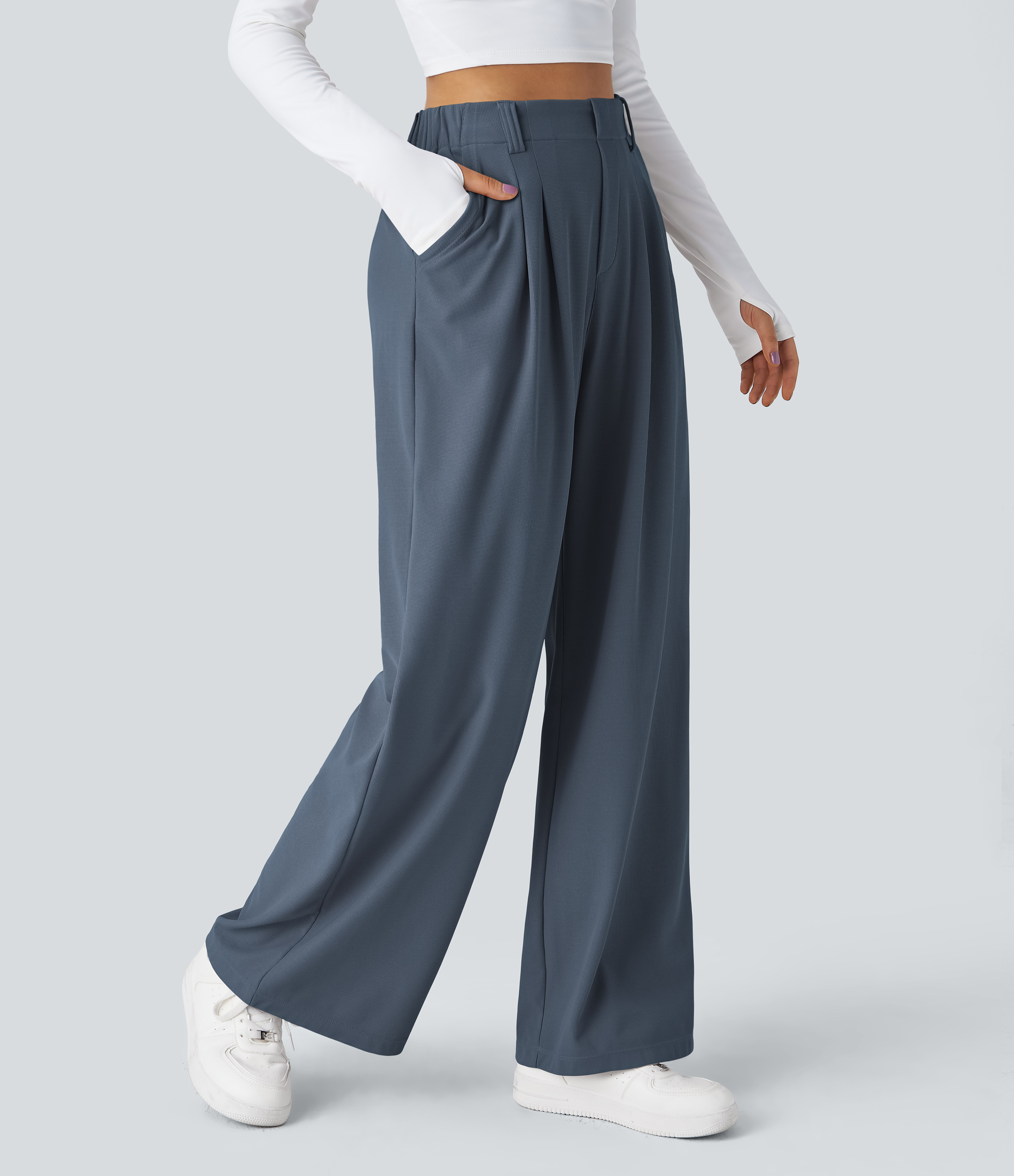 High Waisted Pocket Wide Leg Waffle Work Pants