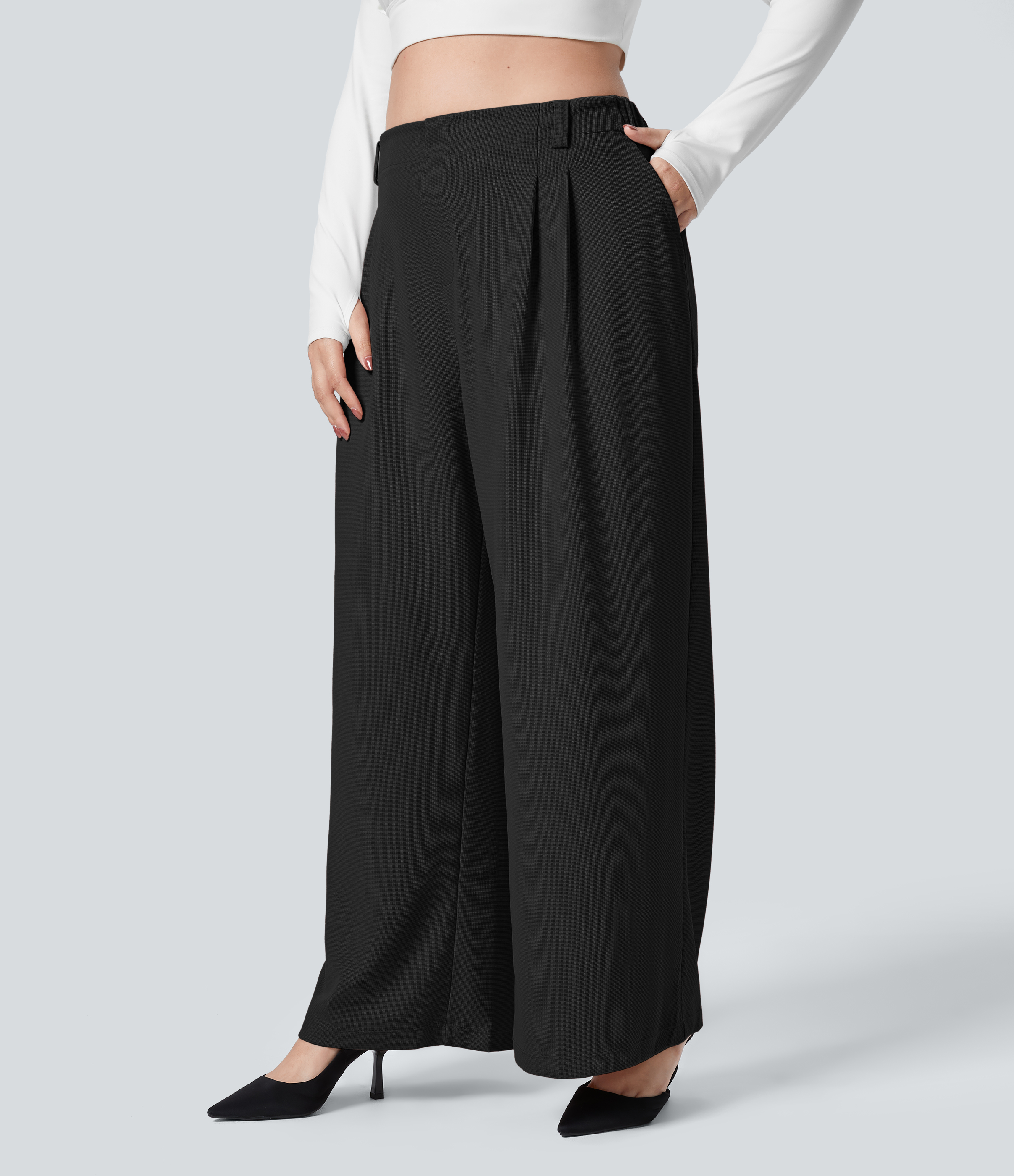 High Waisted Pocket Wide Leg Waffle Work Plus Size Pants