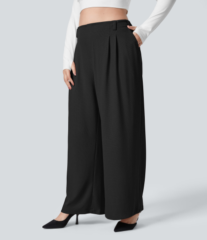 High Waisted Pocket Wide Leg Waffle Work Plus Size Pants