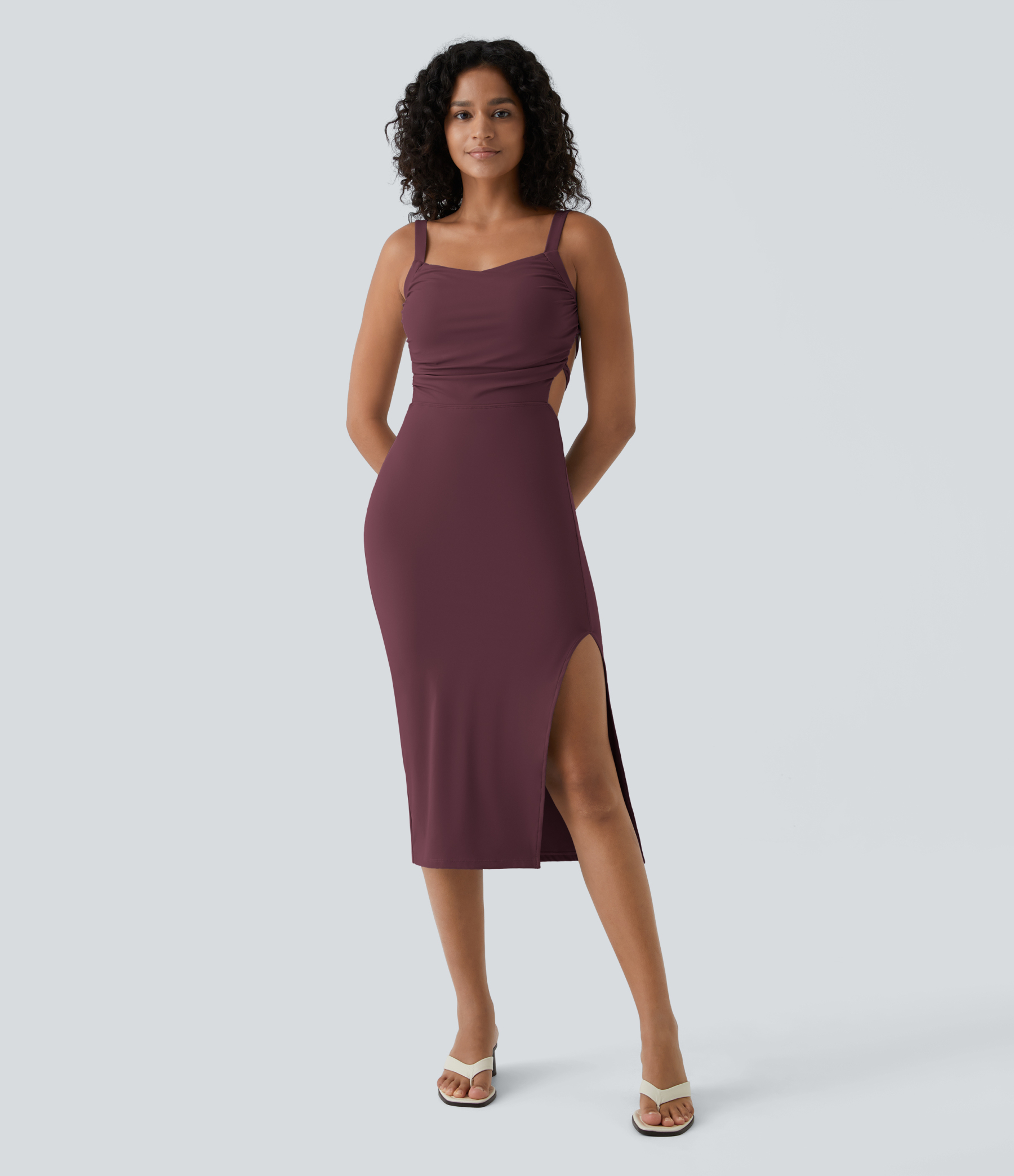 Ruched Lace Up Bodycon Midi Casual Dress