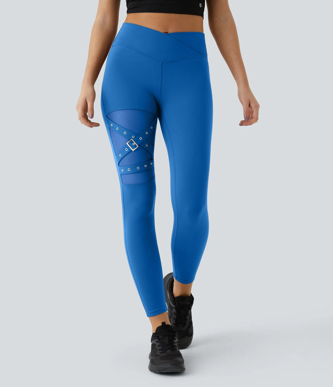 DayStretch High Waisted Crossover Contrast Mesh Decorative Buckle Yoga Leggings