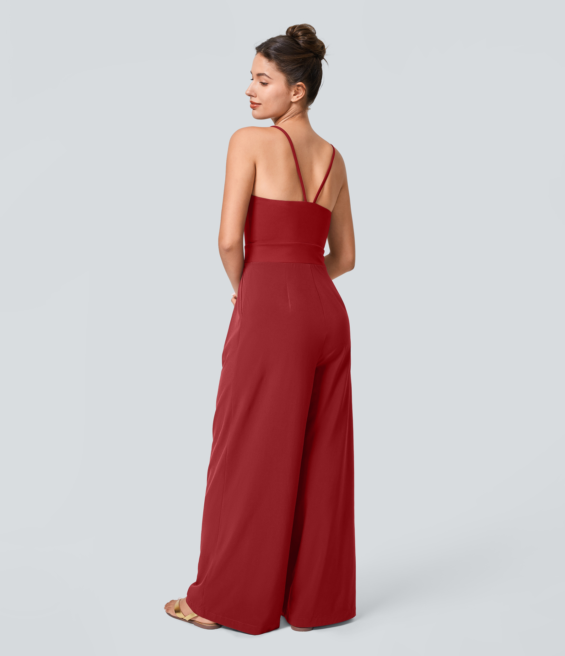 Backless Side Invisible Zipper Pocket Wide Leg Quick Dry Resort Slip Jumpsuit