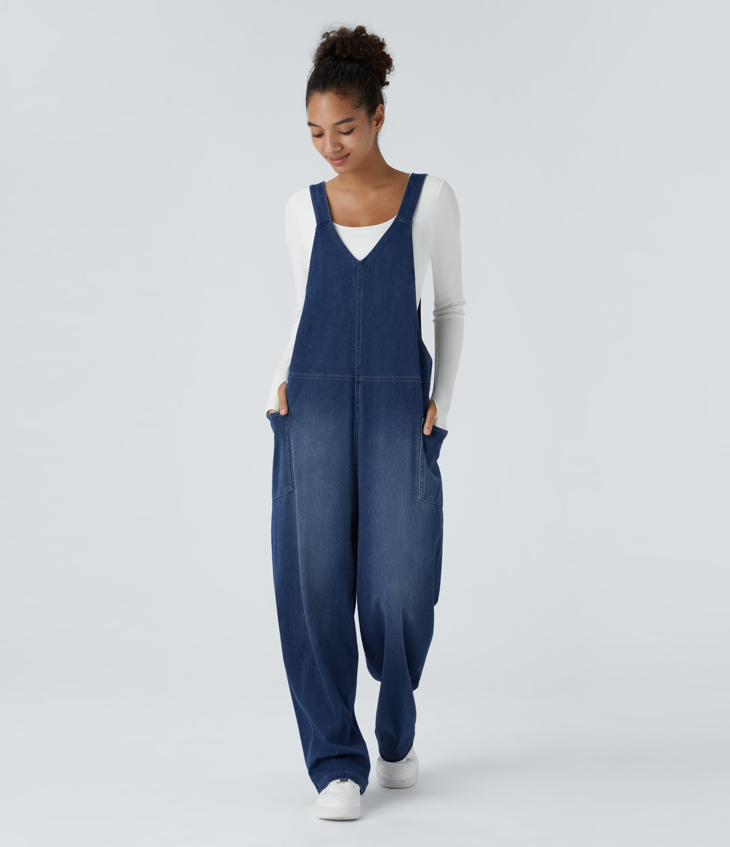 V Neck Pocket Washed Denim Casual Overalls