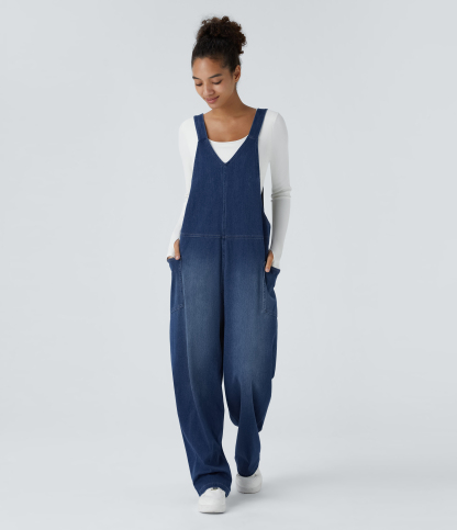 V Neck Pocket Washed Denim Casual Overalls