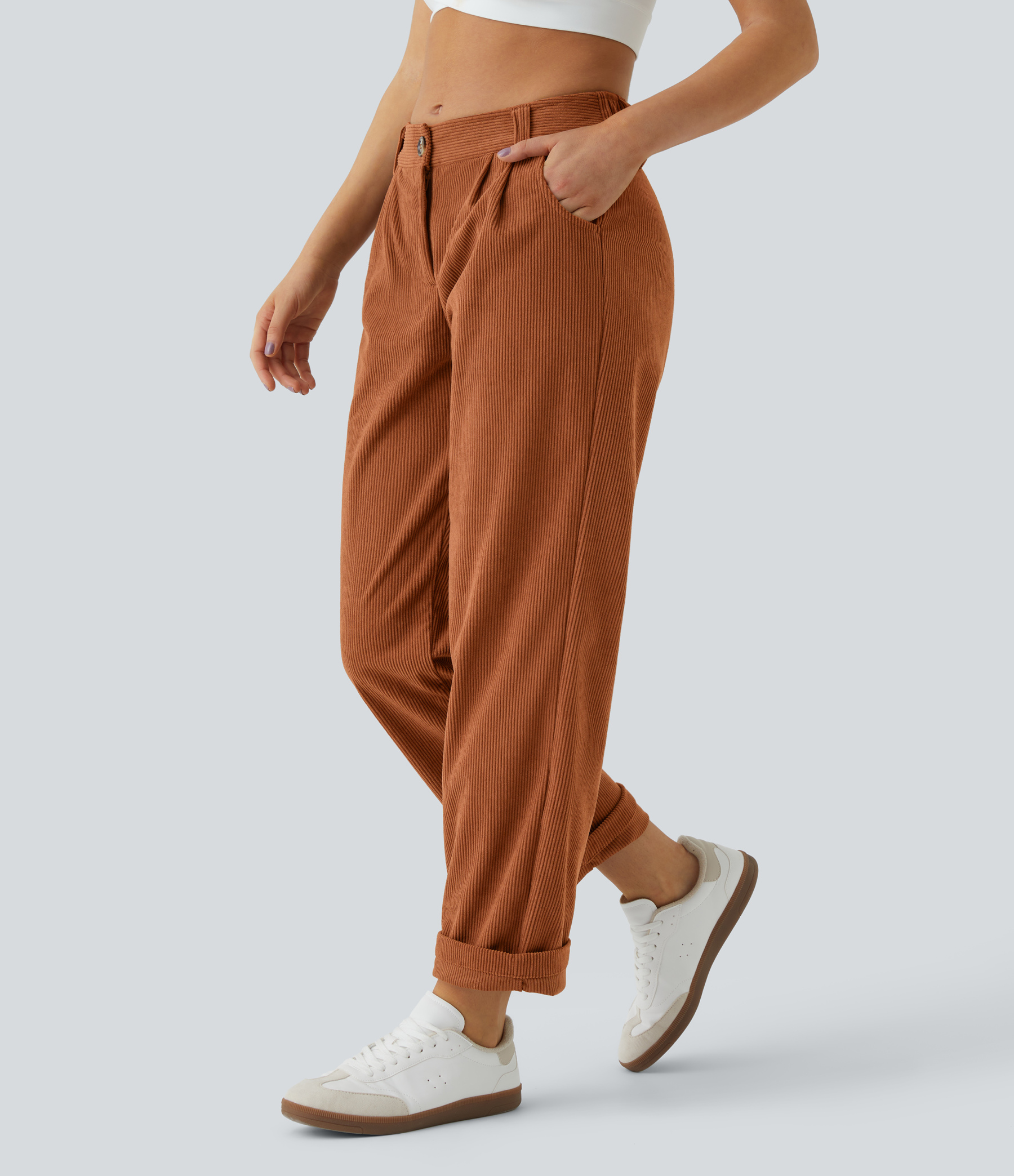 Mid Rise Zipper Pocket Corduroy Casual Pants