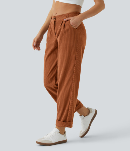 Mid Rise Zipper Pocket Corduroy Casual Pants