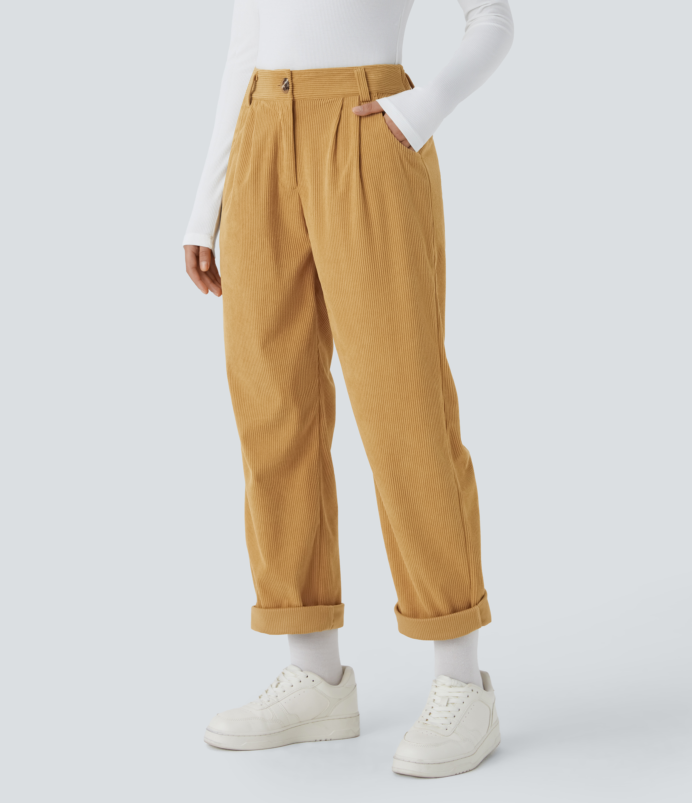 Mid Rise Zipper Pocket Corduroy Casual Pants