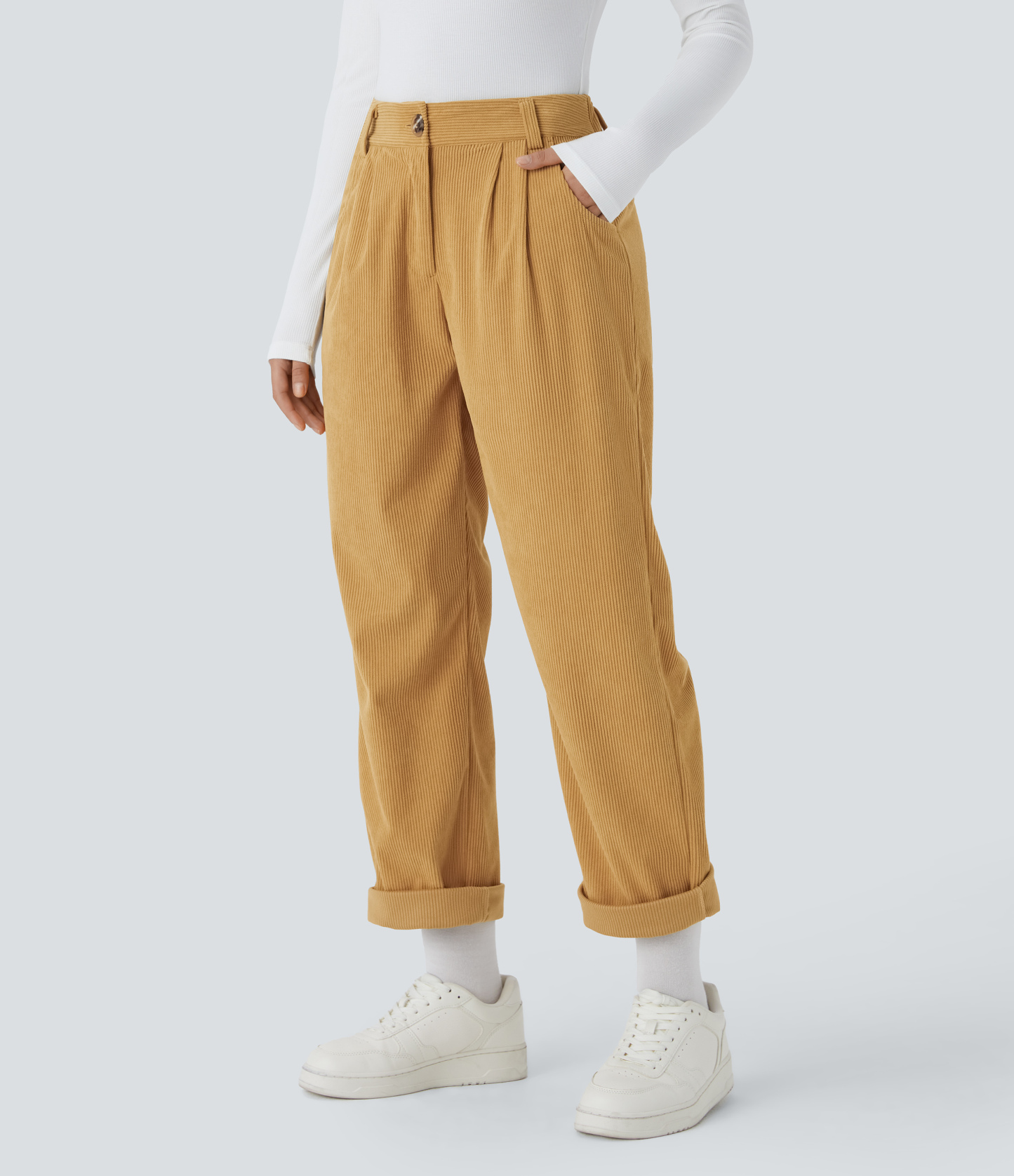 Mid Rise Zipper Pocket Corduroy Casual Pants