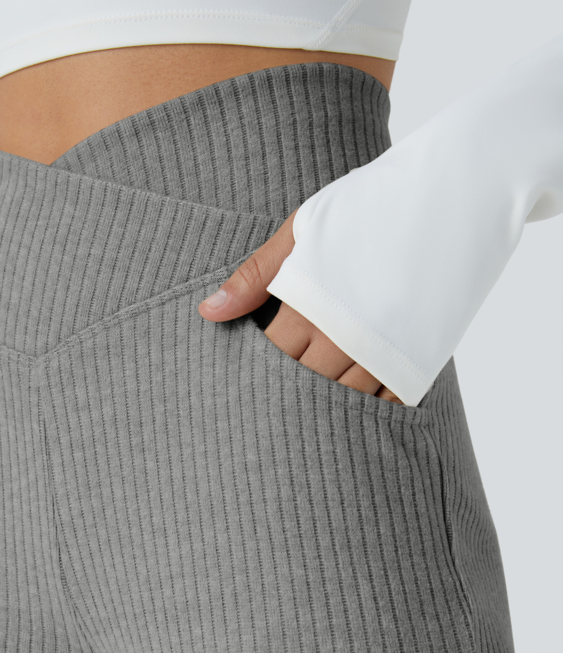 Ribbed Knit Crossover High Waisted Pocket Casual Flare Pants