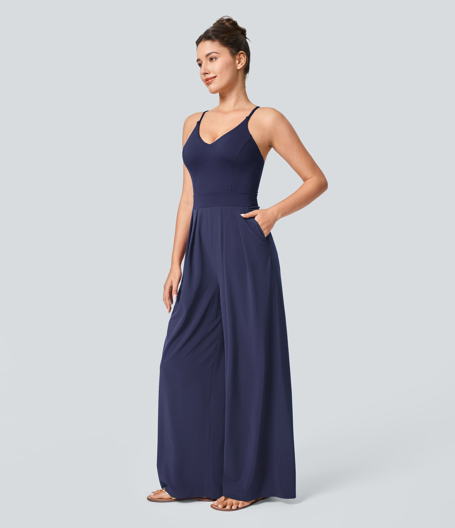 Backless Side Invisible Zipper Pocket Wide Leg Quick Dry Resort Slip Jumpsuit