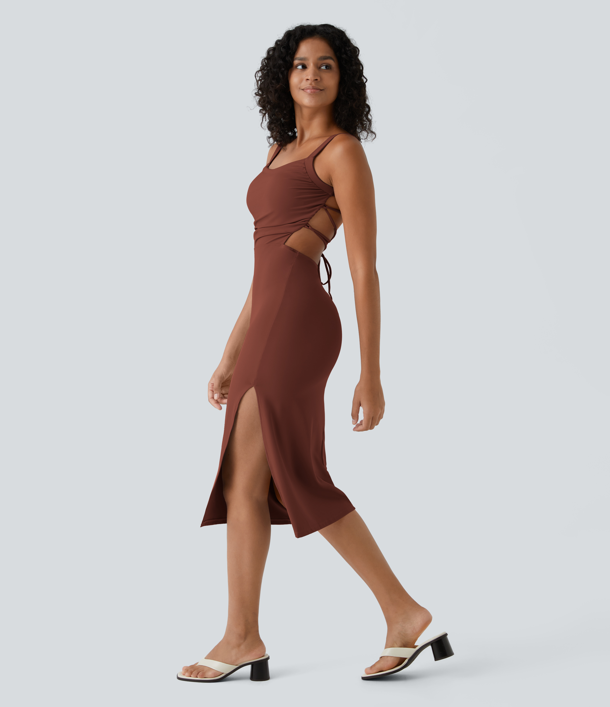 Ruched Lace Up Bodycon Midi Casual Dress