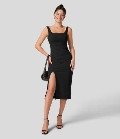 V-neck Short-sleeve Pocket Lace-up Back Quick-drying Mid-length Casual Dress-extended