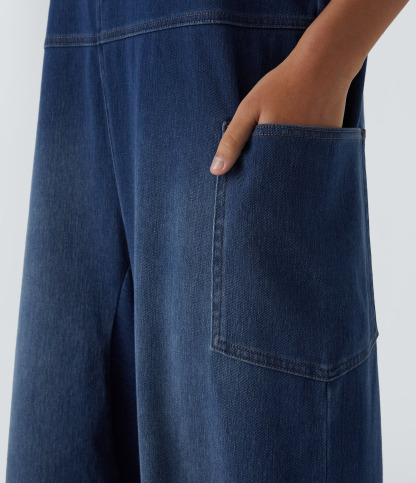 V Neck Pocket Washed Denim Casual Overalls