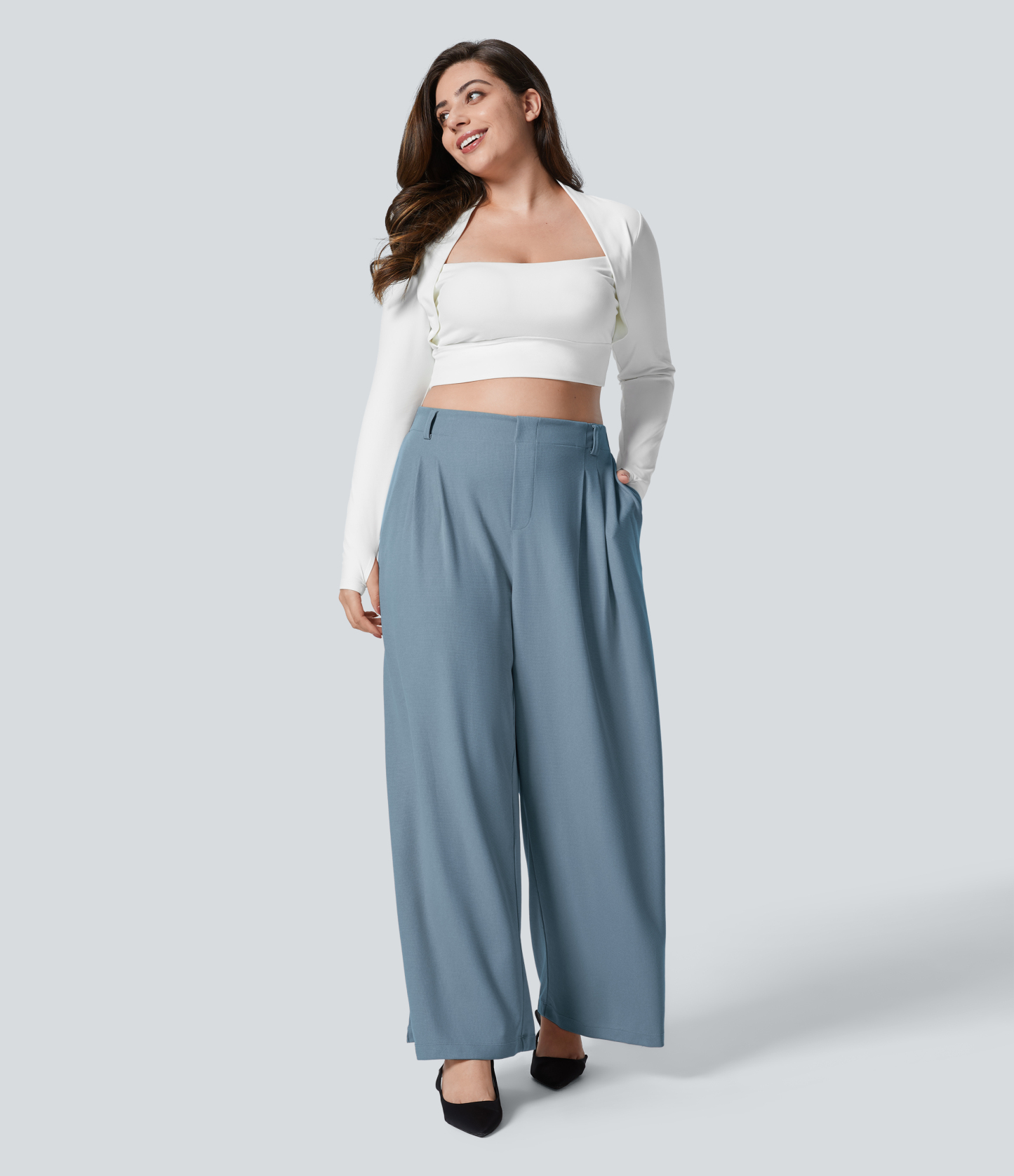 High Waisted Pocket Wide Leg Waffle Work Plus Size Pants