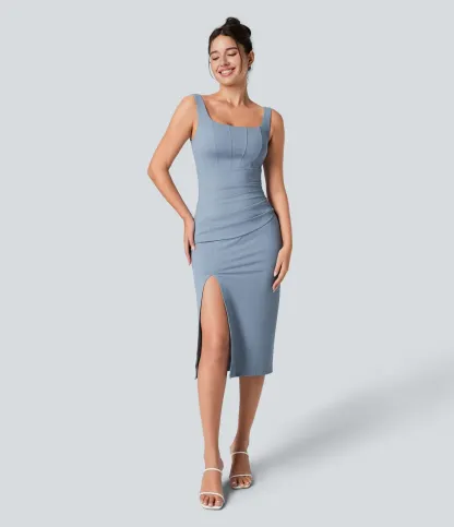 V-neck Short-sleeve Pocket Lace-up Back Quick-drying Mid-length Casual Dress-extended