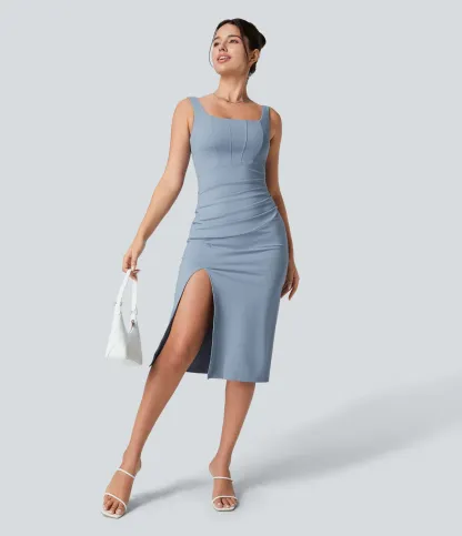 V-neck Short-sleeve Pocket Lace-up Back Quick-drying Mid-length Casual Dress-extended