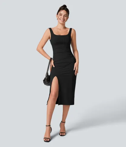 V-neck Short-sleeve Pocket Lace-up Back Quick-drying Mid-length Casual Dress-extended