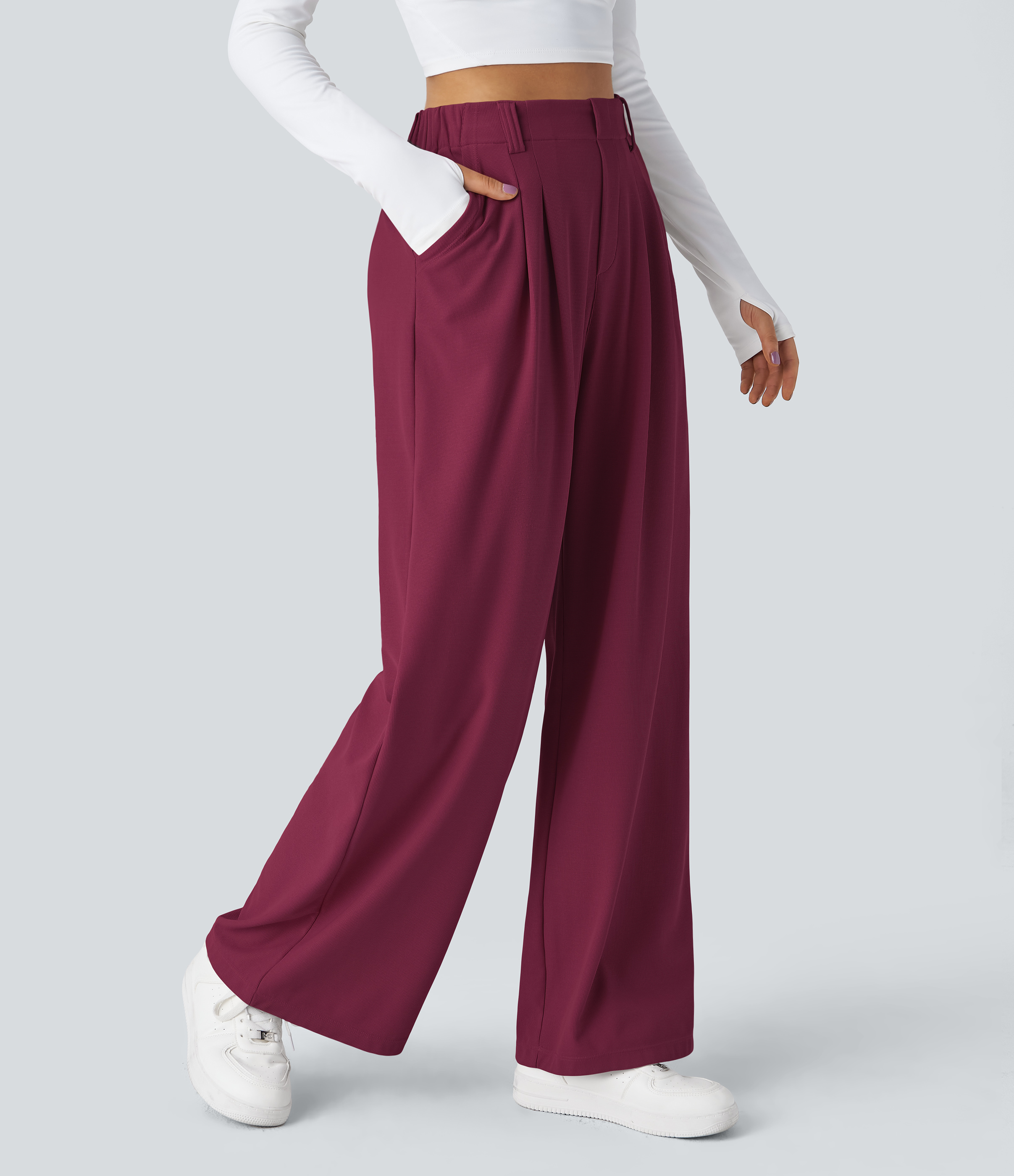 High Waisted Pocket Wide Leg Waffle Work Pants