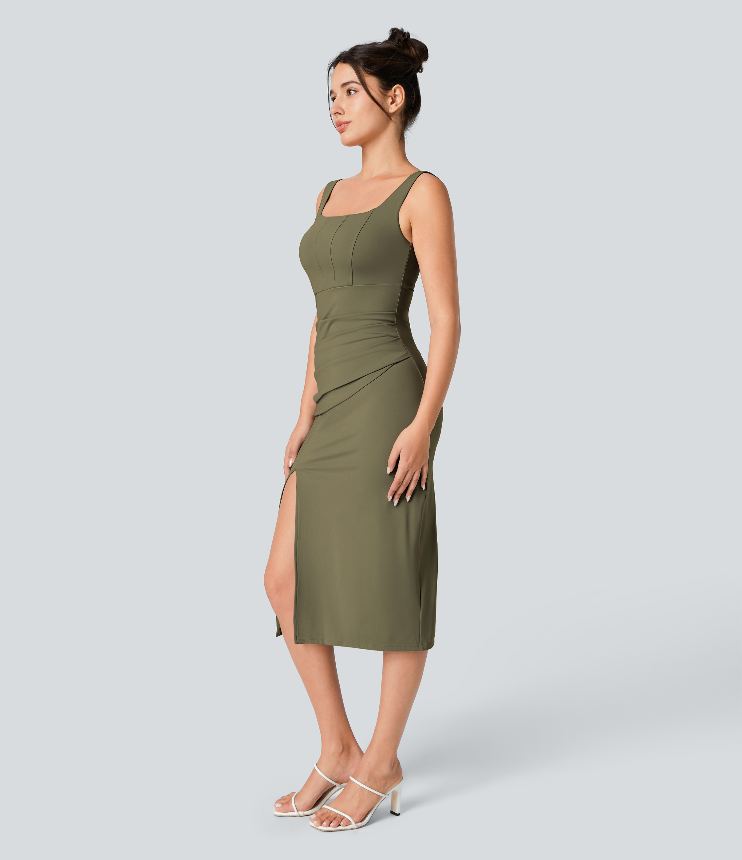 Airy Square Neck Backless Corset Ruched Split Bodycon Midi Cool Touch Bridesmaid and Wedding Guest Dress