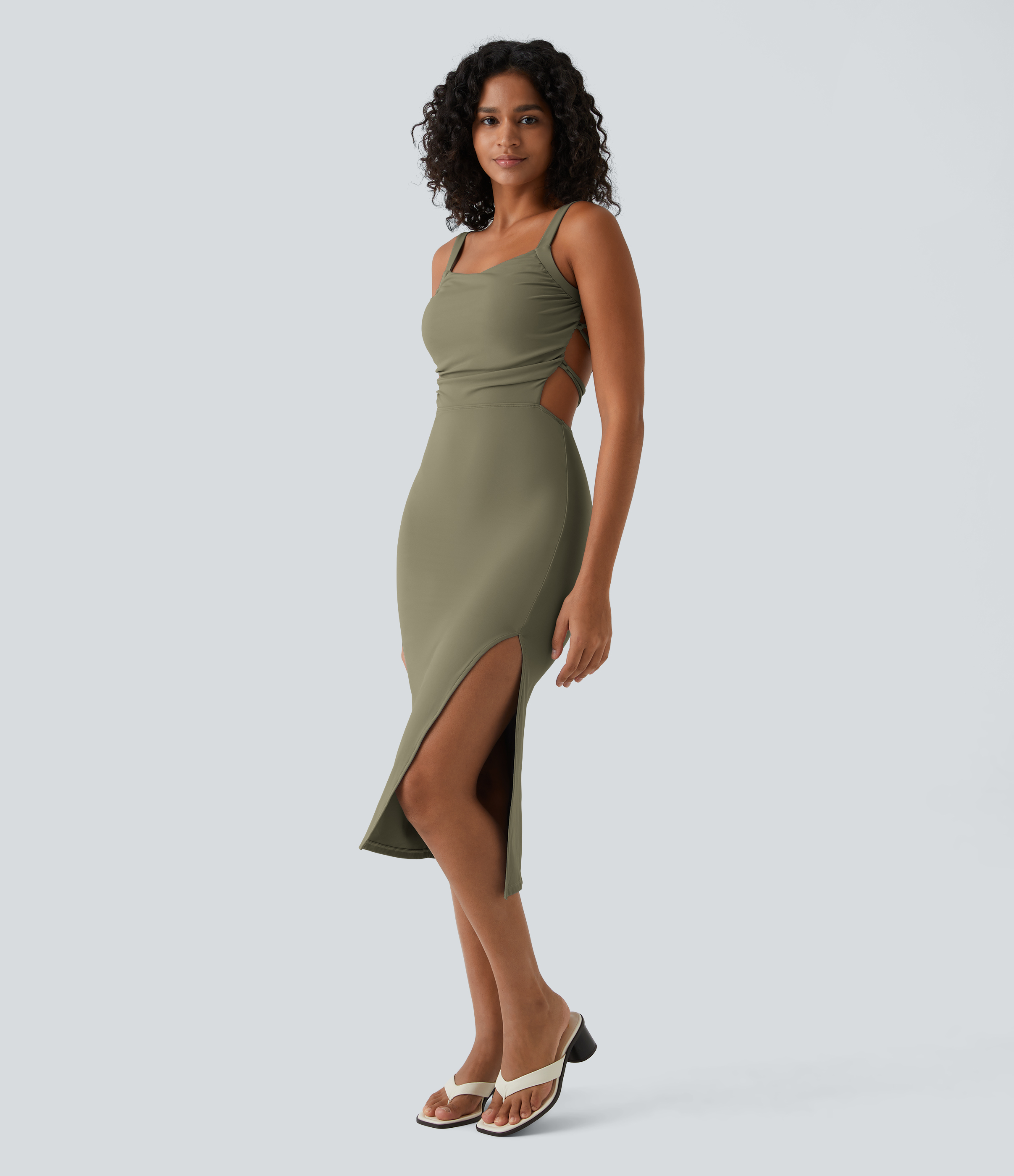 Ruched Lace Up Bodycon Midi Casual Dress