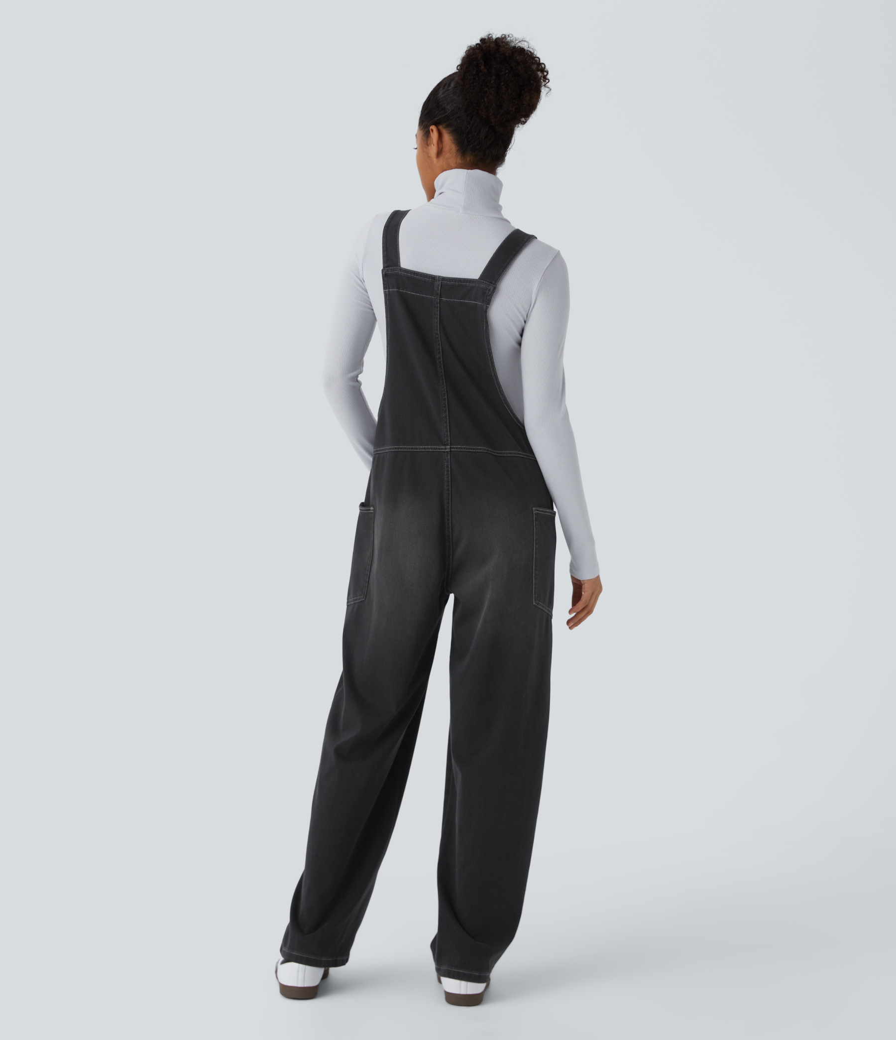 V Neck Pocket Washed Denim Casual Overalls