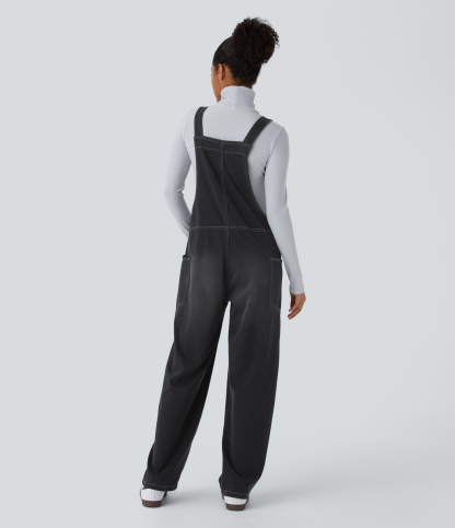 V Neck Pocket Washed Denim Casual Overalls