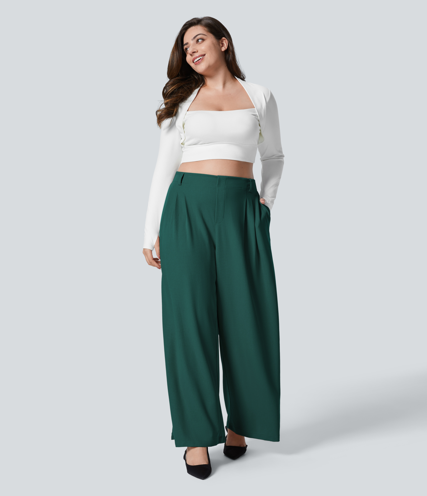 High Waisted Pocket Wide Leg Waffle Work Plus Size Pants