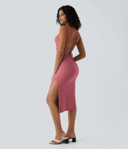 Ruched Lace Up Bodycon Midi Casual Dress