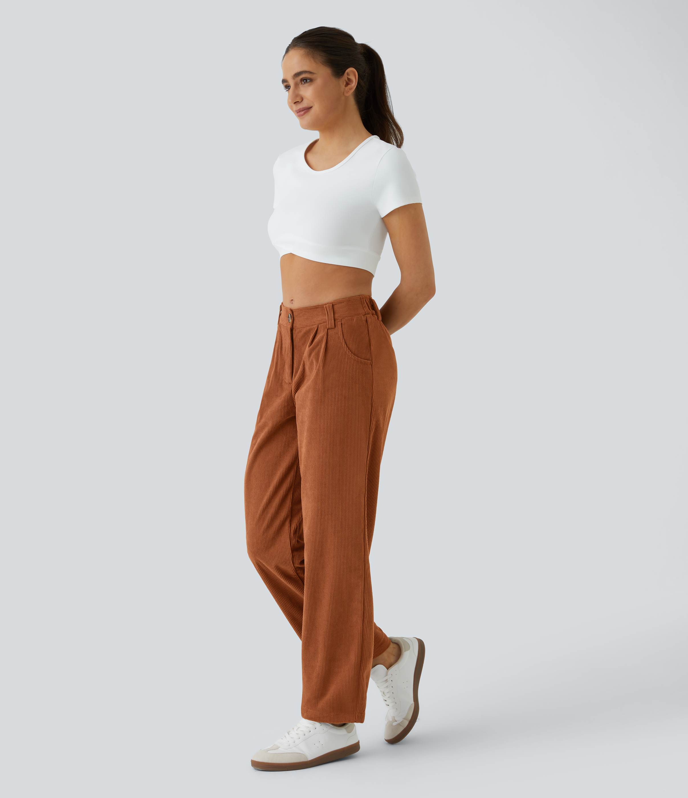 Mid Rise Zipper Pocket Corduroy Casual Pants