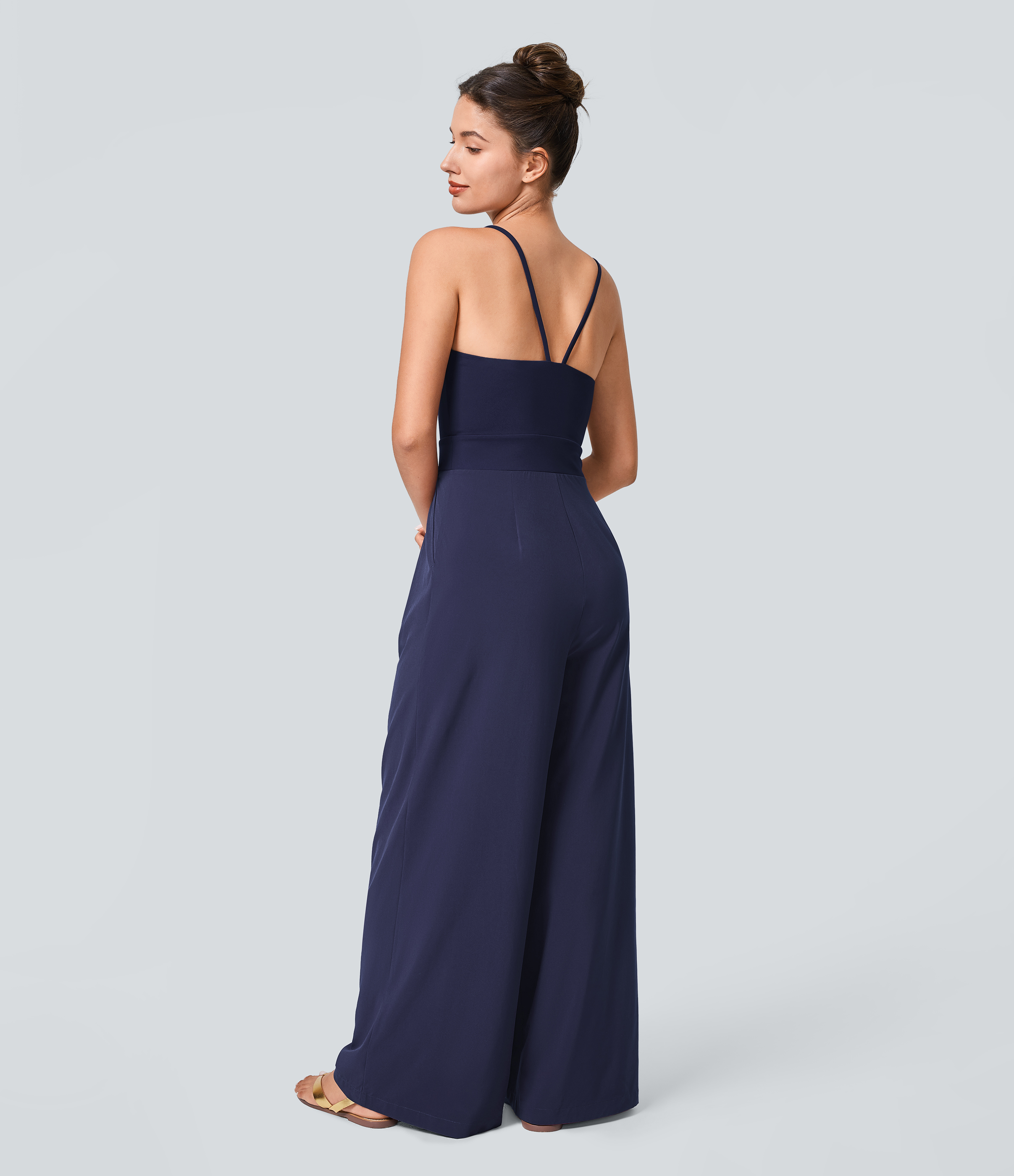 Backless Side Invisible Zipper Pocket Wide Leg Quick Dry Resort Slip Jumpsuit