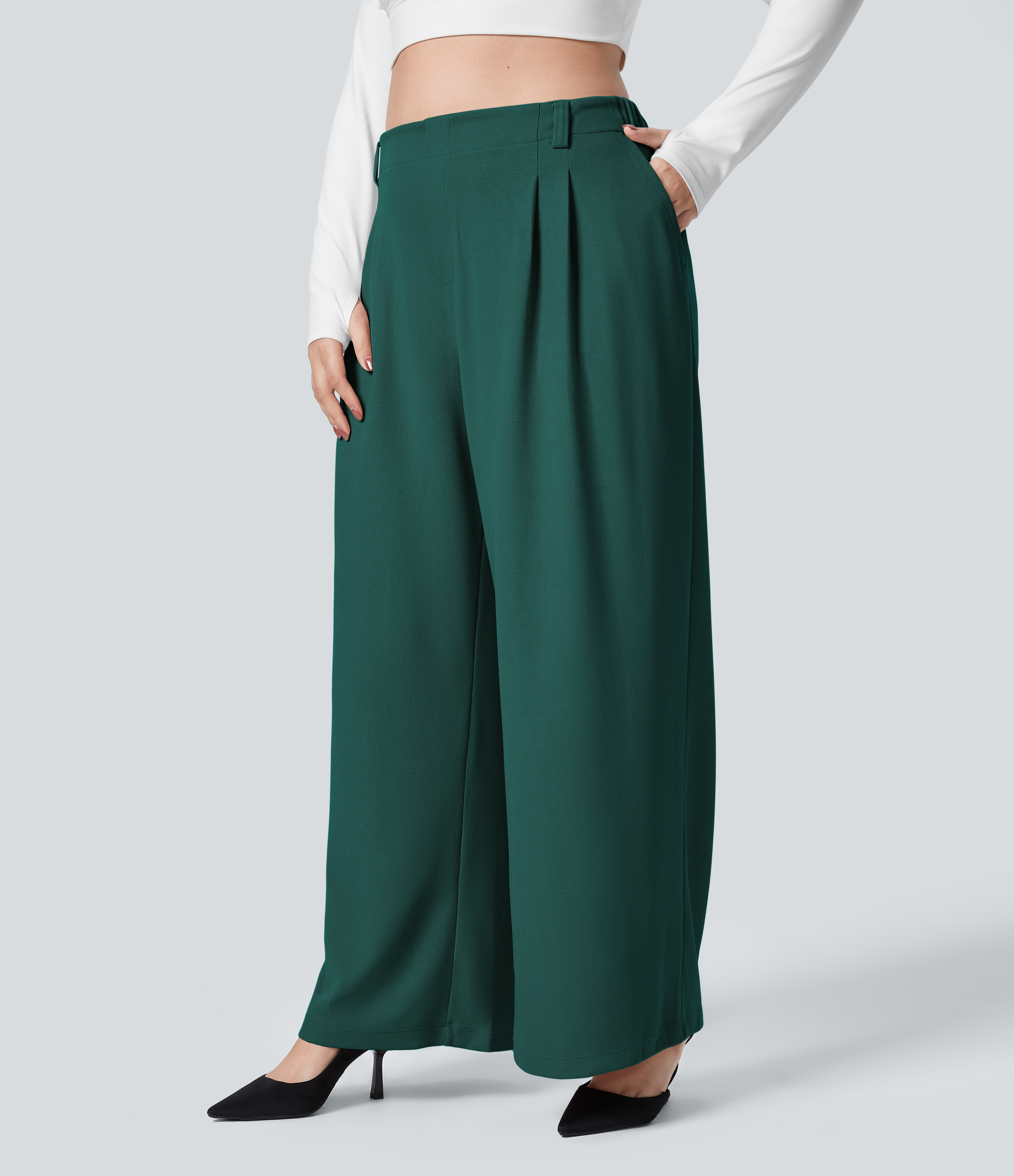 High Waisted Pocket Wide Leg Waffle Work Plus Size Pants