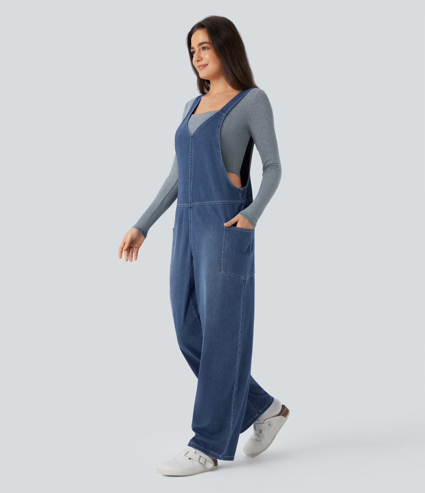 V Neck Pocket Washed Denim Casual Overalls