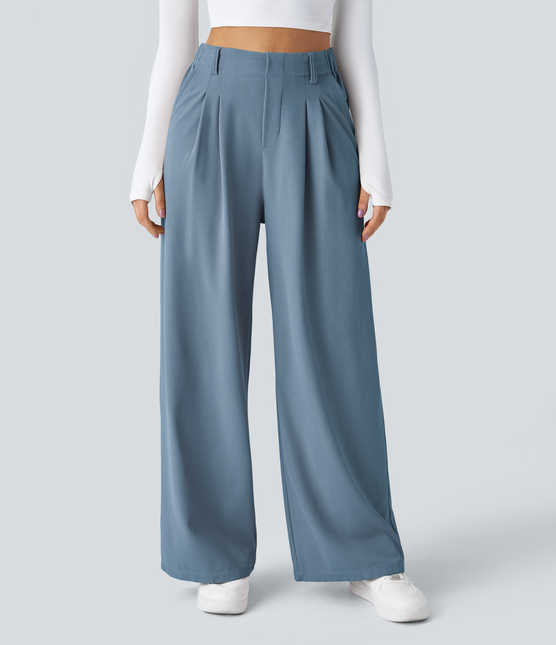 High Waisted Pocket Wide Leg Waffle Work Pants
