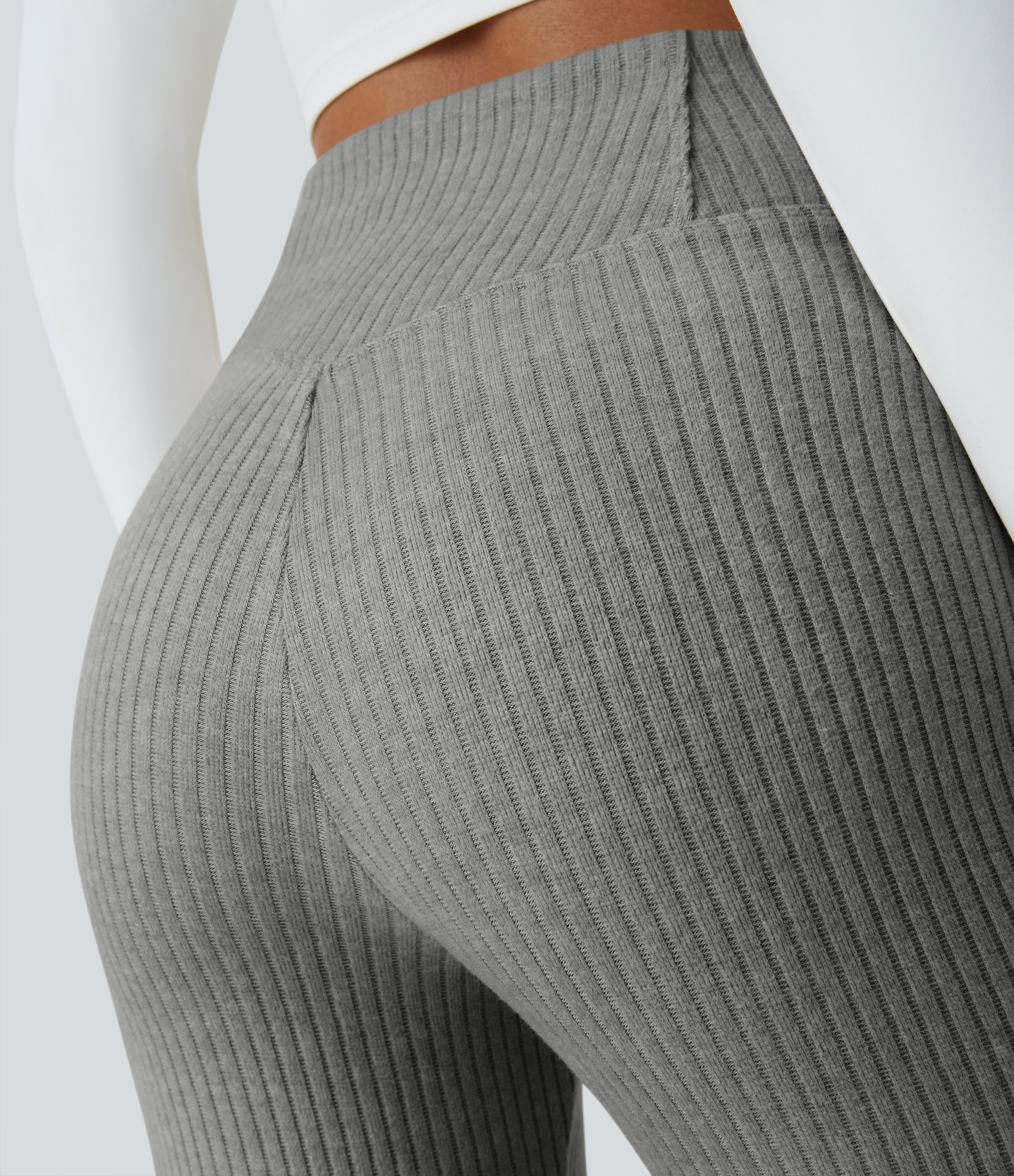 Ribbed Knit Crossover High Waisted Pocket Casual Flare Pants