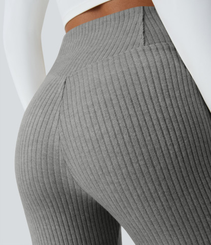 Ribbed Knit Crossover High Waisted Pocket Casual Flare Pants